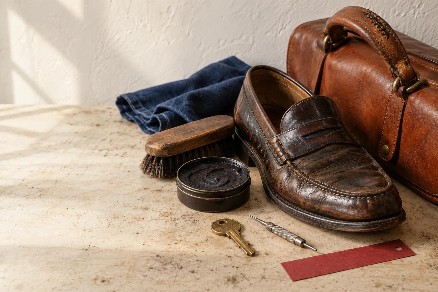 Illustrative leather repair still life with a brown loafer, stitched satchel handle, polishing brush, brass key blank and watch tool; not the merchant shop or customer property.